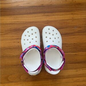CROCS white platforms with pink rainbow Velcro strap